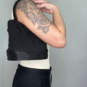 Black Woven Knit Shoulder Bag with Textured Plastic Base‎ Y2K Style Handbag